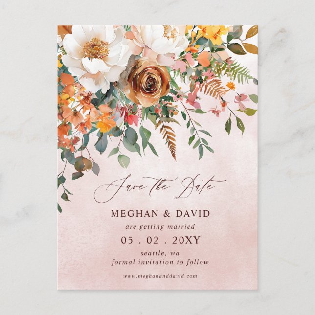 Rustic Orange Floral Fall Save the Date Meddelande Vykort (Framsida)