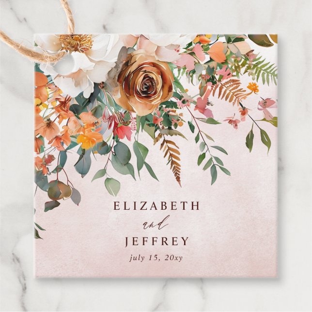 Rustic Orange Floral Fall Wedding Gåvor Etiketter (Framsida)