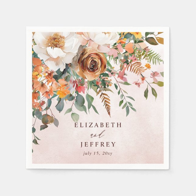 Rustic Orange Floral Fall Wedding Pappersservett (Framsidan)