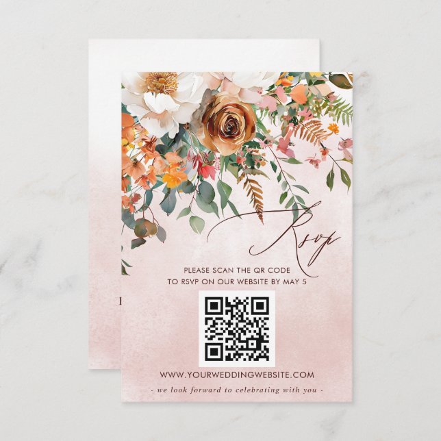 Rustic Orange Floral Fall Wedding QR CODE OSA Kort (Fram/baksida)