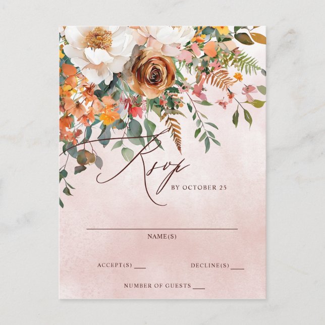 Rustic Orange Floral Fall Wedding RSVP Vykort (Framsida)