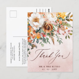 Rustic Orange Floral Fall Wedding Thank You Vykort