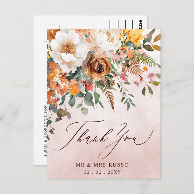 Rustic Orange Floral Fall Wedding Thank You Vykort (Fram/baksida)