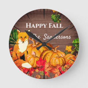 Rustic Orange Fox Pumpkin Fall Höst löv Choc Rund Klocka