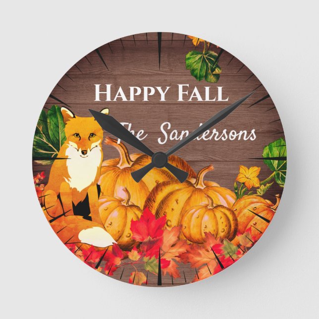 Rustic Orange Fox Pumpkin Fall Höst löv Choc Rund Klocka (Framsida)