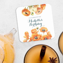 Rustic Orange Garden Blommigt Födelsedagsfest Whit Underlägg Papper Kvadrat