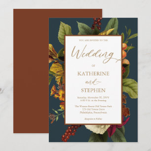 Rustic Orange   Röd Blommigt Bouquet Teal Bröllop Inbjudningar