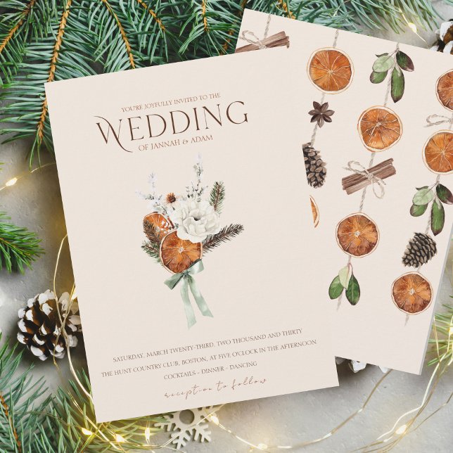 Rustic Orange Slices White Flowers Bröllop Inbjudningar (Winter Orange Slices Dried Citrus Cinnamon Wedding Invitation)