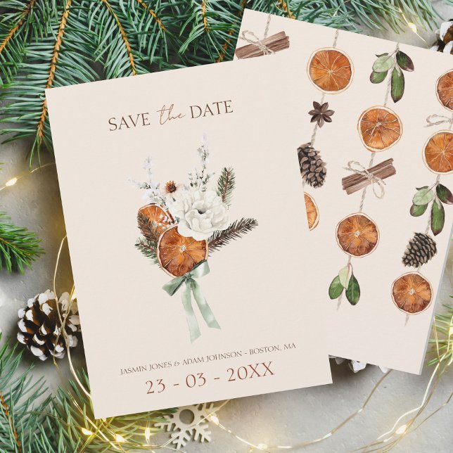 Rustic Orange Slices White Flowers Bröllop Spara Datumet (Winter Orange Slices Dried Citrus Cinnamon Wedding Save the Date Card)