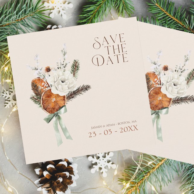 Rustic Orange Slices White Flowers Bröllop Spara Datumet (Winter Orange Slices Dried Citrus Cinnamon Wedding Save the Date Card)