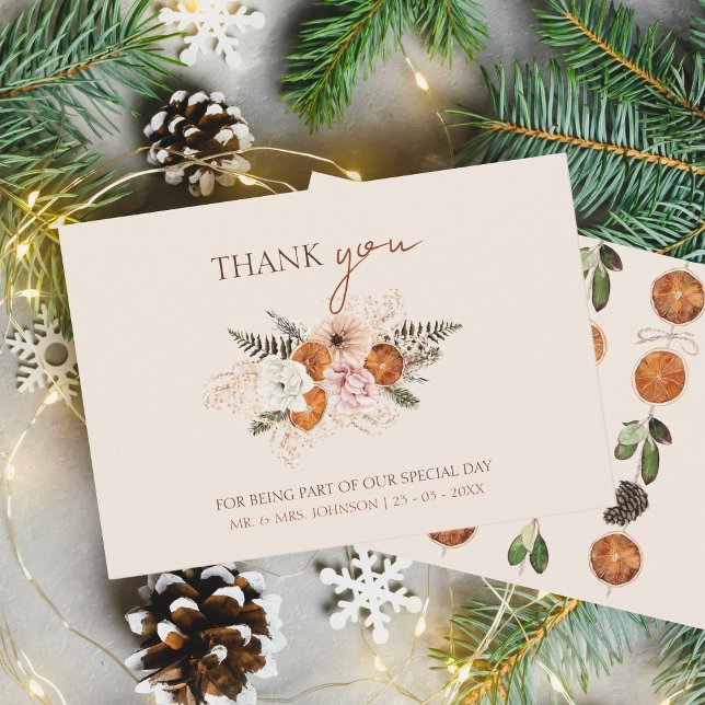 Rustic Orange Slices White Flowers Bröllop Tack Kort (Winter Orange Slices Dried Citrus Cinnamon Wedding Thank You Card)