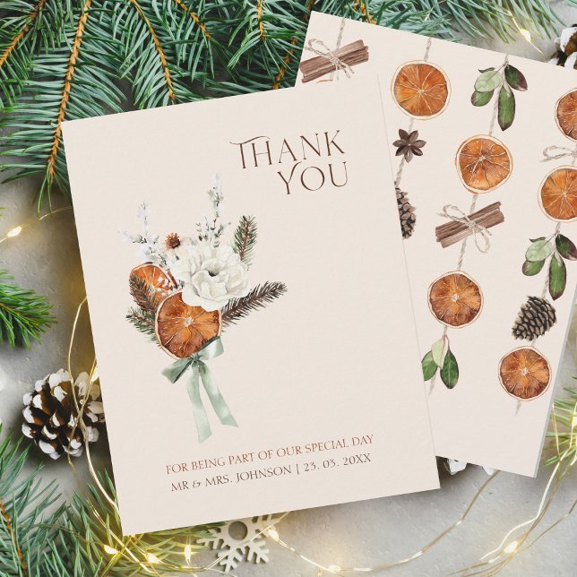 Rustic Orange Slices White Flowers Bröllop Tack Kort (Winter Orange Slices Dried Citrus Cinnamon Wedding Thank You Card)