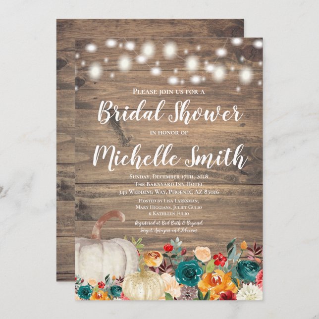 Rustic Orange Teal Guld Pumpkin Möhippa Inbjudningar (Fram/baksida)