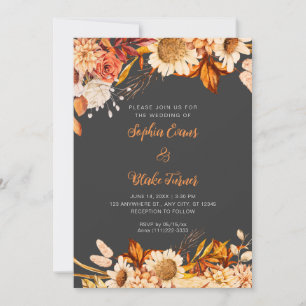 Rustic Orange White Flowers Boho Grått Bröllop Inbjudningar