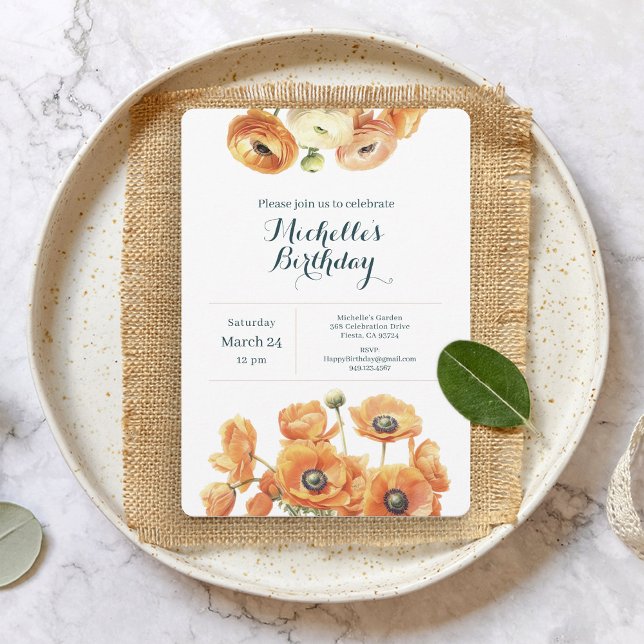 Rustic Orange White Garden Blommigt Födelsedagsfes Inbjudningar (Skapare uppladdad)