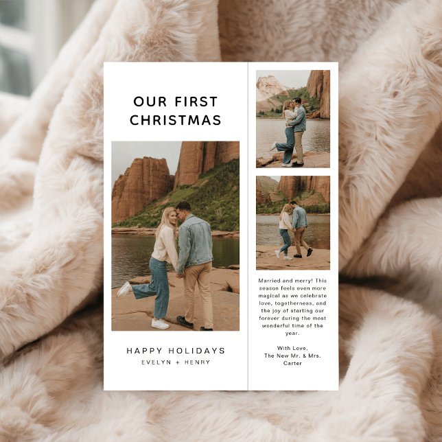 Rustic Our First Christmas Photo Modern Newlywed  Julkort (Skapare uppladdad)