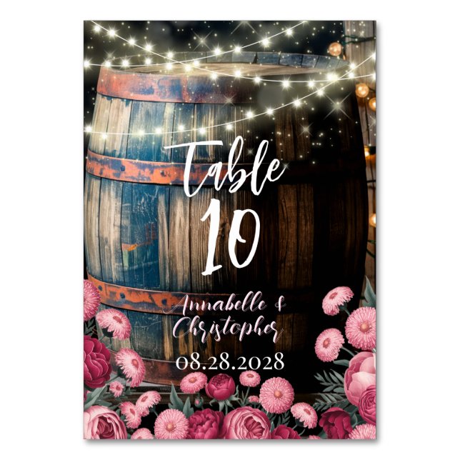 Rustic Outdoor Whimsical Whiskey Barrel Bröllop Bordsnummer (Framsidan)