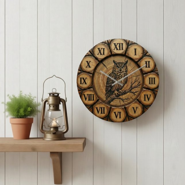 Rustic Owl Wall Clock | Wood-Look Cabin Decor Stor Klocka (Skapare uppladdad)