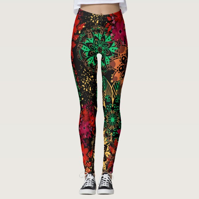 Rustic Paisley Blommigt Boho Paint Stänk Skriv ut Leggings (Framsida)