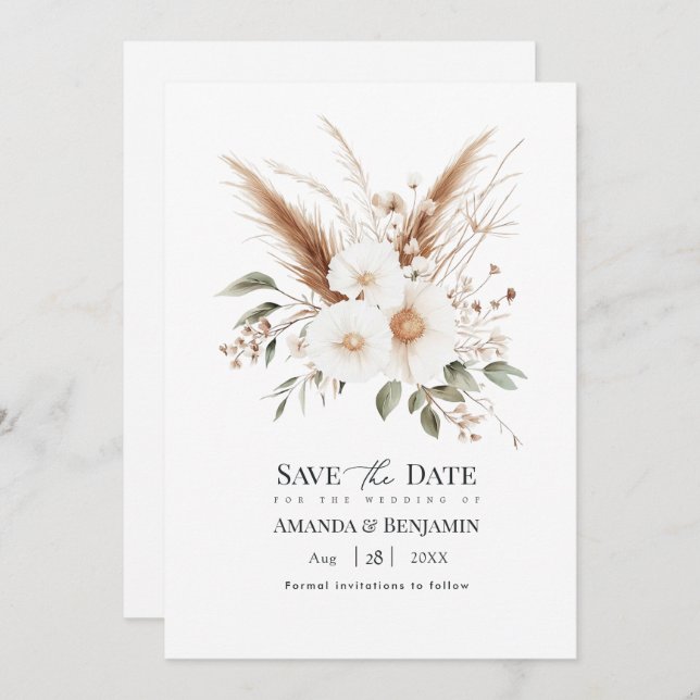 Rustic Pampas Grass Boho Bohemian Wedding QR Code Spara Datumet (Fram/baksida)