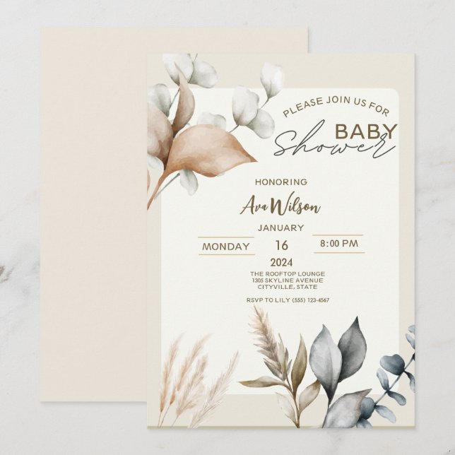 Rustic Pampas Grass Boho botanical eucalyptus baby Inbjudningar (Fram/baksida)