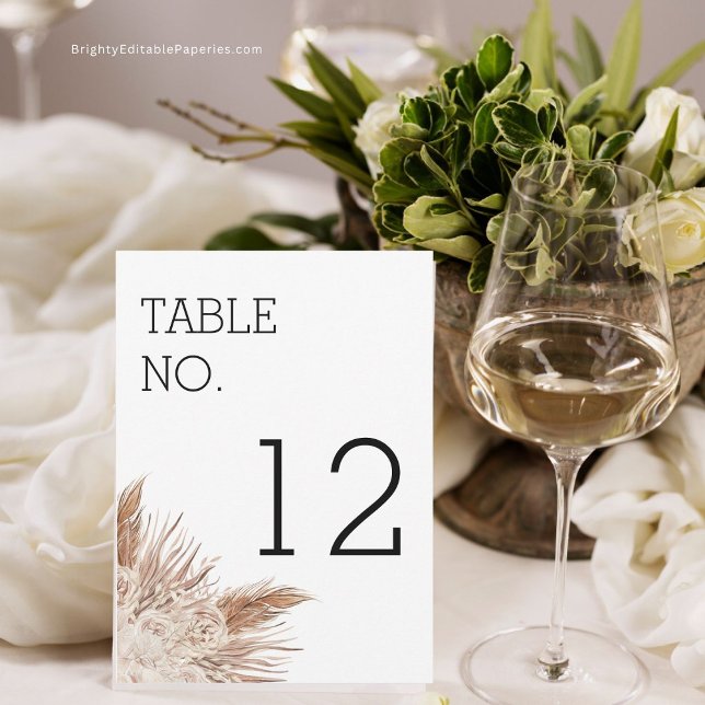 Rustic Pampas Modern Bröllop Bordsnummer Card (Personalize Your Reception with Rustic Table Numbers)