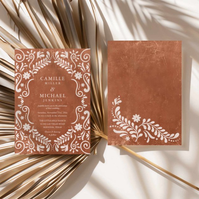 Rustic Papel Picado Mexican Bröllop Inbjudningar (Terracotta Mexican Papel Picado Wedding Invitation)