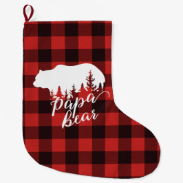 Rustic Pappa Bear Red & Black Buffalo Pached Stor Julstrumpa