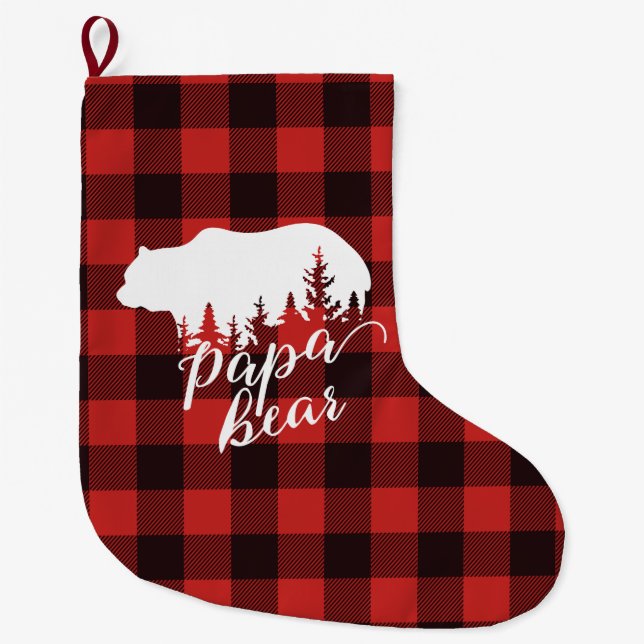 Rustic Pappa Bear Red & Black Buffalo Pached Stor Julstrumpa (Framsidan)