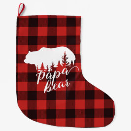 Rustic Pappa Bear Red & Black Buffalo Pached Stor Julstrumpa