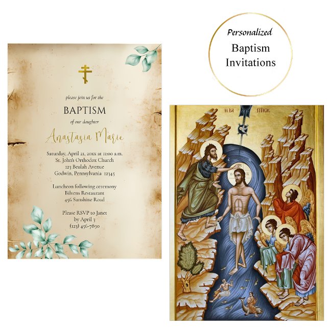 Rustic Parchment with Eucalyptus Orthodox Baptism Inbjudningar (Skapare uppladdad)