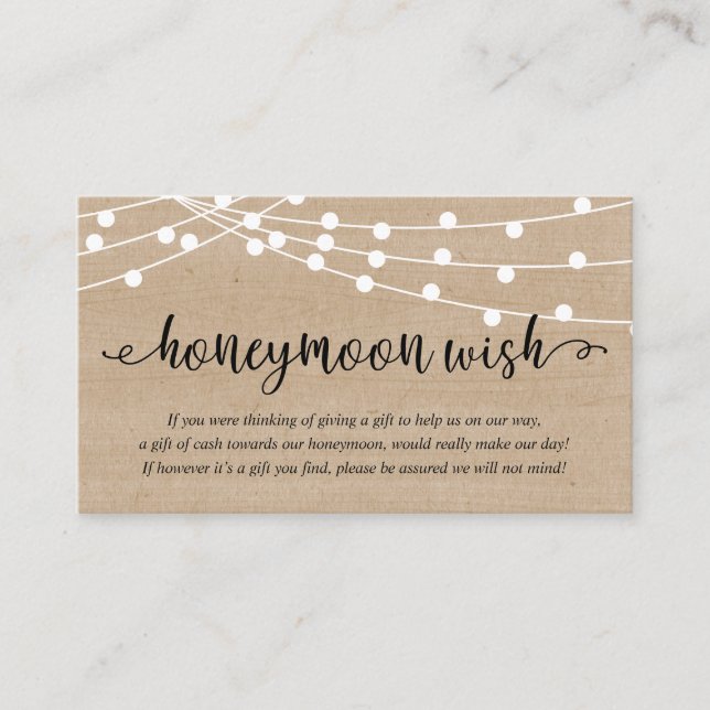 Rustic Party String Lights, Wedding Honeymoon Wish Tilläggskort (Framsida)