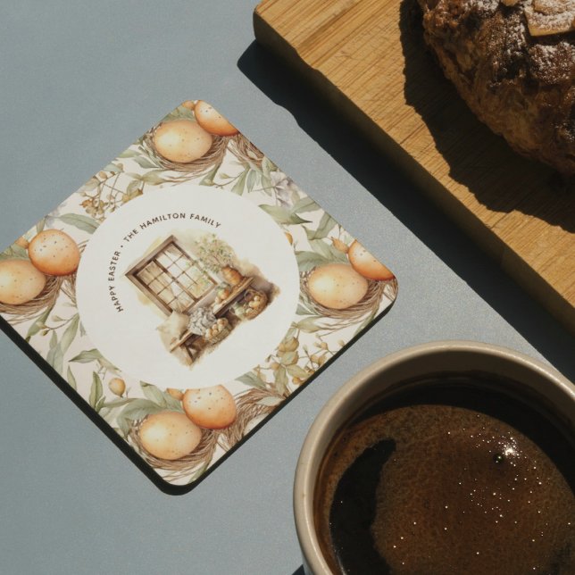 Rustic Påsk Beige-familjen Namn Underlägg Papper Rund (Skapare uppladdad)