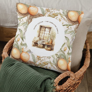 Rustic Påsk Beige Watercolor Family Namn Kudde