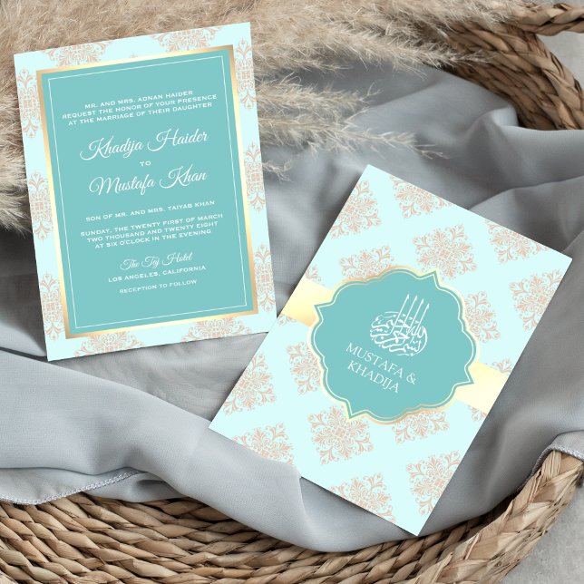 Rustic Pastel Aqua Blue Damask Muslim Bröllop Inbjudningar (Skapare uppladdad)