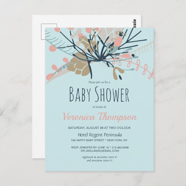 Rustic Pastel Blue Botanical Baby Shower Inbjudan (Fram/baksida)