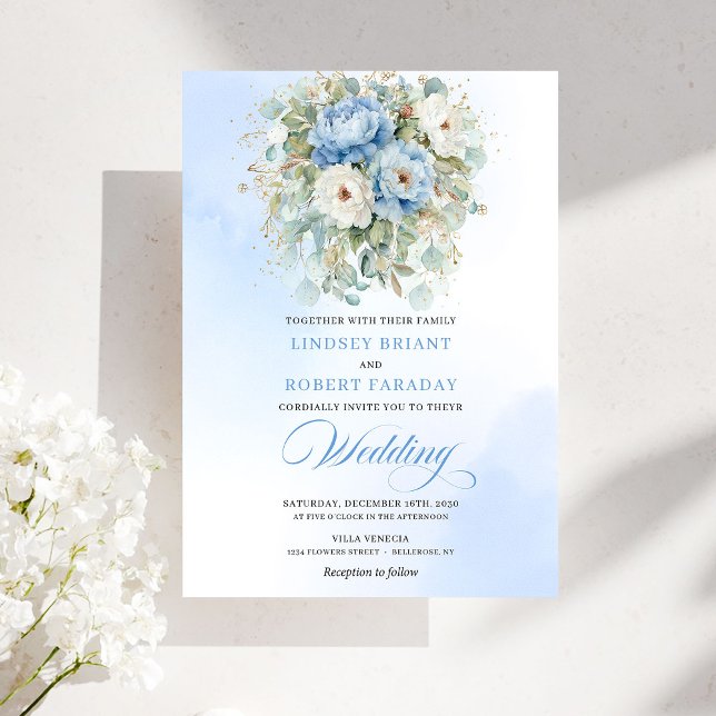 Rustic Pastel Blue White Peony Eucalyptus Gold Wed Inbjudningar (Rustic Pastel Blue White Peony Eucalyptus Gold Wedding)