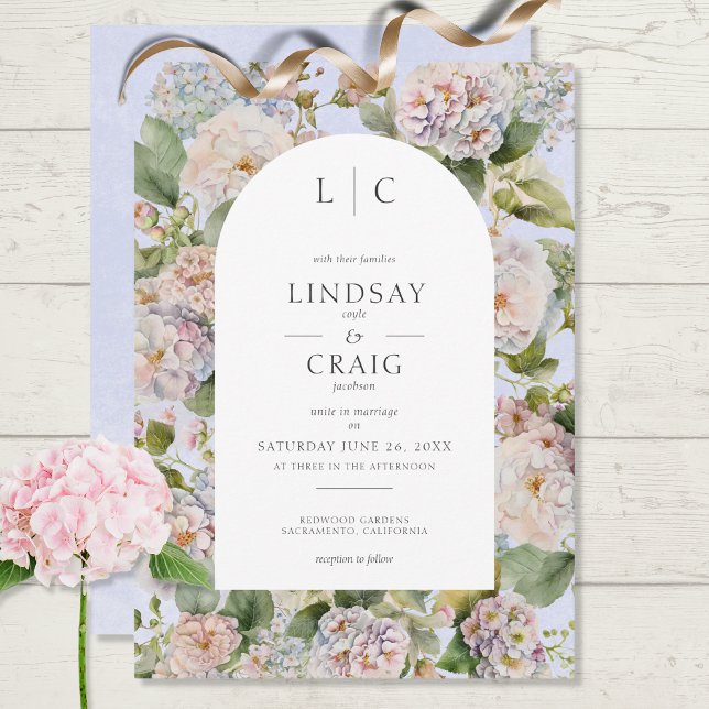 Rustic Pastel Hydrangea Blommigt Monogram Periwink Inbjudningar (Skapare uppladdad)