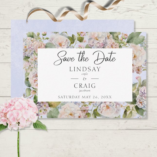 Rustic Pastel Hydrangea Blommigt Monogram Periwink Spara Datumet (Skapare uppladdad)