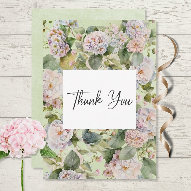 Rustic Pastel Hydrangea Blommigt Monogram Sage Grö Tack Kort (Skapare uppladdad)