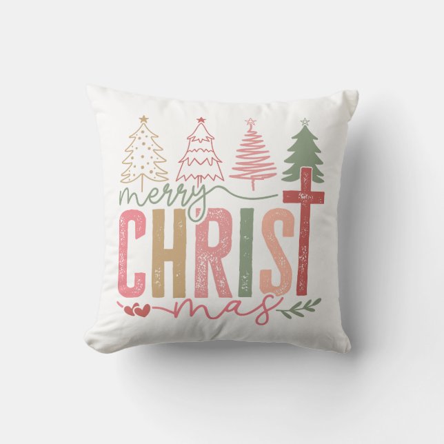 Rustic Pastel Merry Christ mas Tree Kudde (Framsida)