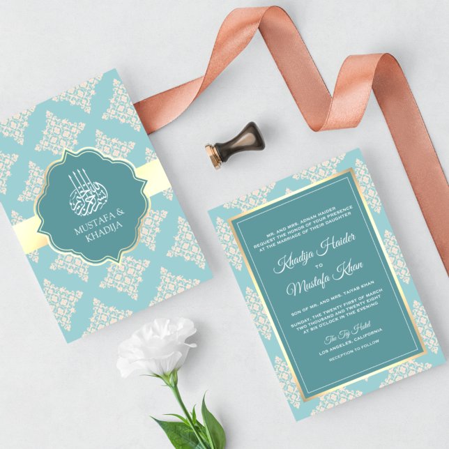 Rustic Pastel Teal Cream Damask Muslim Bröllop Inbjudningar (Skapare uppladdad)