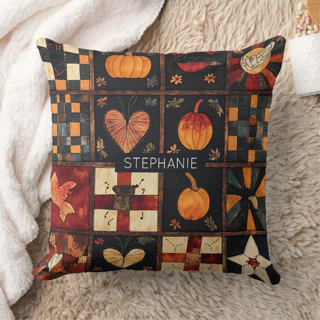 Rustic Patchwork | Folk Art Autumn Quilt Mönster Kudde (Filt)