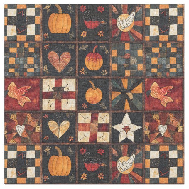 Rustic Patchwork | Folk Art Autumn Quilt Mönster Tyg (Närbild)