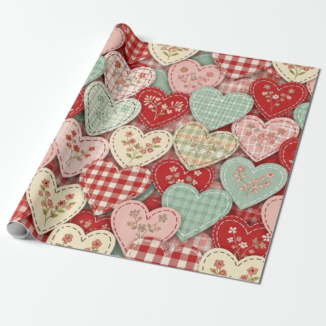 Rustic Patchwork Hearts Picnic Pattern (3) Presentpapper (Utrullad)
