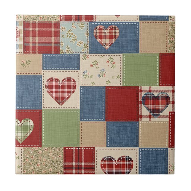 Rustic Patchwork Hearts Picnic Pattern (4) Kakelplatta (Framsidan)