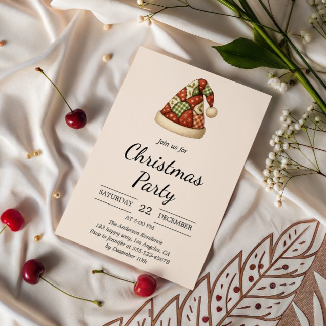 Rustic Patchwork Santa Hat jul Party Inbjudningar (Skapare uppladdad)