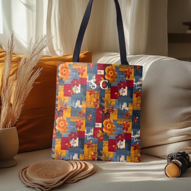 Rustic Patchwork Tote med Blommigt & Höst löv Tygkasse (Skapare uppladdad)