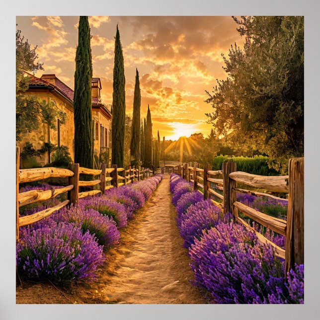 Rustic Pathway-linne med Lavender Fält Sunset Poster (Framsidan)