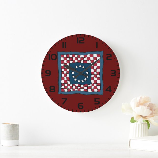 Rustic Patriotic Americana Quilt Mönster USA Art Stor Klocka (Skapare uppladdad)